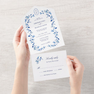 Invitation Tout En Un Monogramme Bleu et blanc Delft