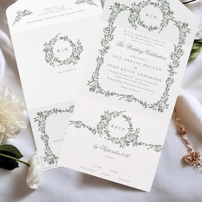 Invitation Tout En Un Monogramme de couronne Sage Vert Élégant Mariage d (Créateur téléchargé)