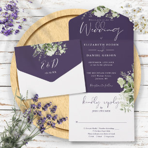 Invitation Tout En Un Monogramme de mariage de botanique violette