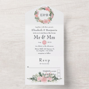 Invitation Tout En Un Monogramme de mariage exotique tropical flamant ro