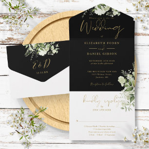 Invitation Tout En Un Monogramme de mariage floral à feuillage noir et o