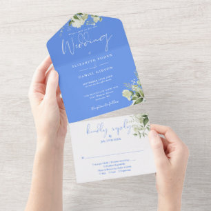 Invitation Tout En Un Monogramme de mariage floral bleu barbeau à feuill