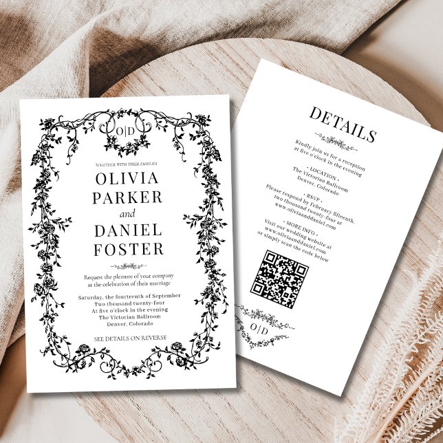 Invitation Tout en Un Monogramme de Mariage Victorien Noir (Créateur téléchargé)