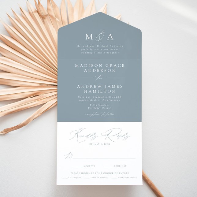 Invitation Tout En Un Monogramme élégant moderne Dusty Mariage bleu (Créateur téléchargé)