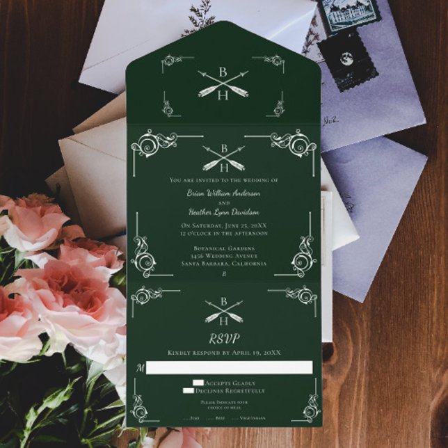 Invitation Tout En Un Monogramme et Mariage des flèches Emerald Green (Emerald Green Monogram and Arrows Wedding All in One Invitation)
