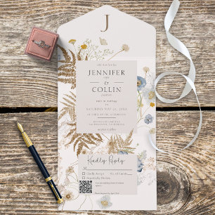 Invitation Tout En Un Monogramme Fleur sauvage rustique sur Cream QR Cod