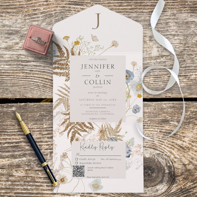 Invitation Tout En Un Monogramme Fleur sauvage rustique sur Cream QR Cod (Créateur téléchargé)