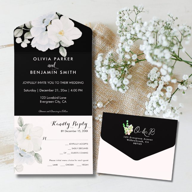 Invitation Tout En Un Monogramme floral blanc élégant Mariage noir moder (White Elegant Floral Monogram Modern Black Wedding All In One Invitation)