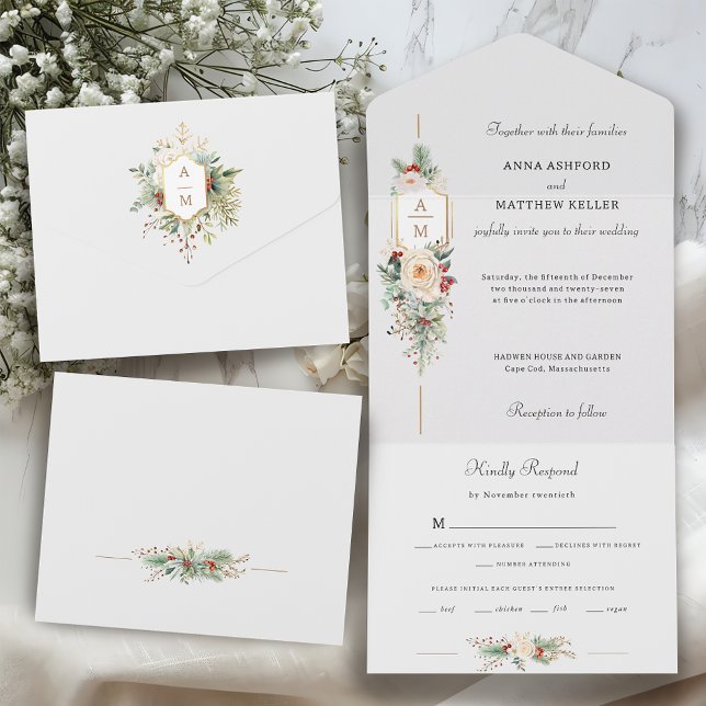 Invitation Tout En Un Monogramme floral de Noël tout simplement élégant (Créateur téléchargé)