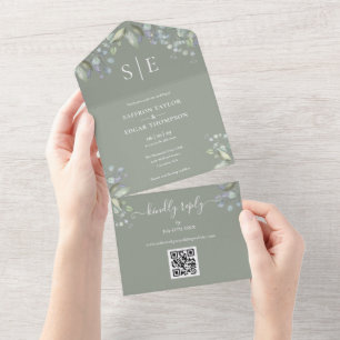 Invitation Tout En Un Monogramme Floral QR Code Sage Mariage vert