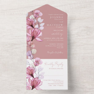 Invitation Tout En Un Monogramme floral transparent Dusty Mariage Rose