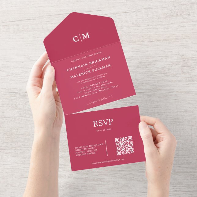 Invitation Tout En Un Monogramme magenta rouge moderne QR Code RSVP Mari (Déchirure)