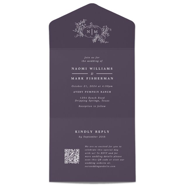 Invitation Tout En Un Monogramme Mariage de vignes citrouilles avec RSVP (Créateur téléchargé)