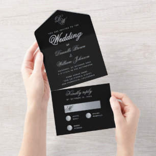 Invitation Tout En Un Monogramme Mariage noir argent Élégante calligraph