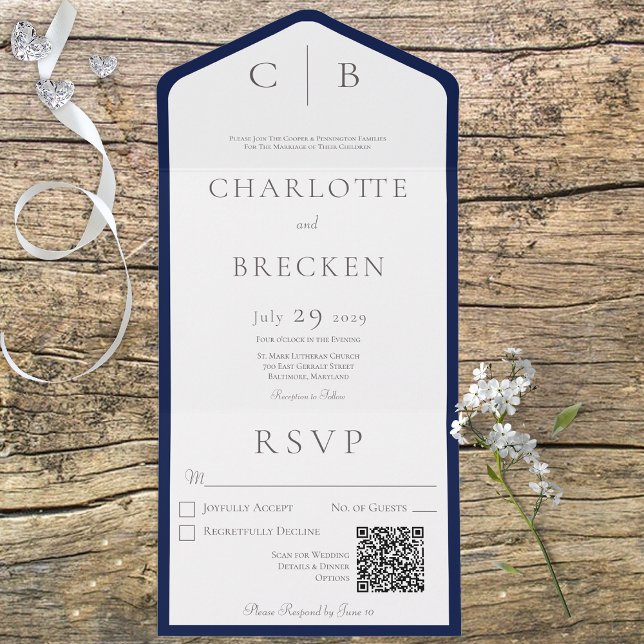 Invitation Tout En Un Monogramme minimal bleu et blanc marine Code QR (Créateur téléchargé)