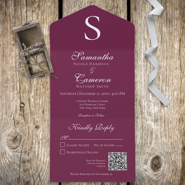 Invitation Tout En Un Monogramme moderne Bourgogne Vin QR Code (Créateur téléchargé)