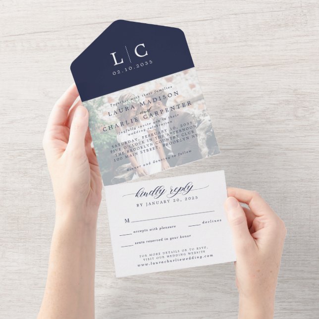 Invitation Tout En Un Monogramme moderne chic photo RSVP Mariage bleu ma (Déchirure)