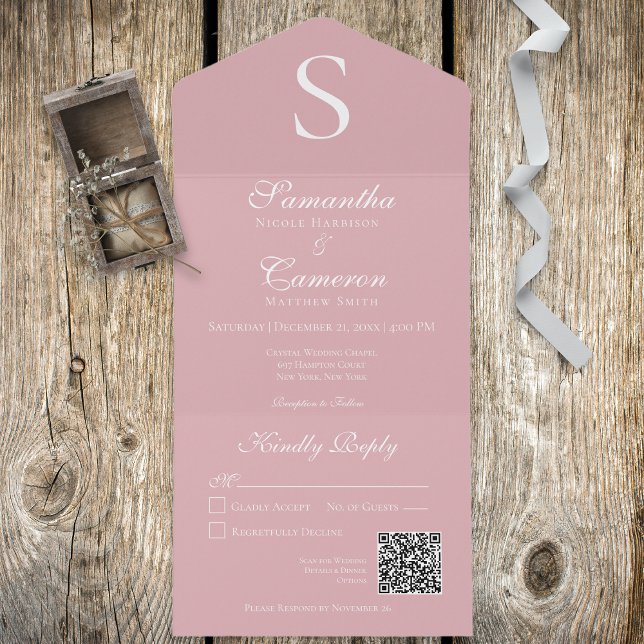 Invitation Tout En Un Monogramme moderne Dusty rose QR Code (Créateur téléchargé)
