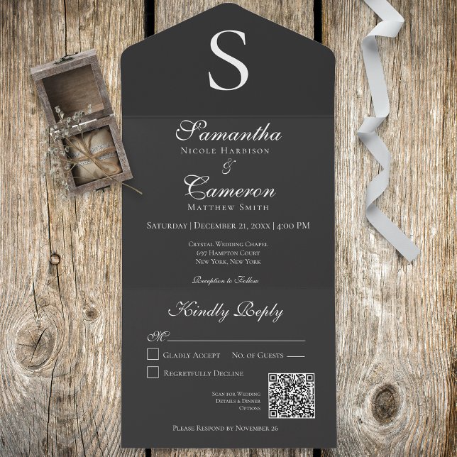 Invitation Tout En Un Monogramme moderne Noir QR Code (Créateur téléchargé)