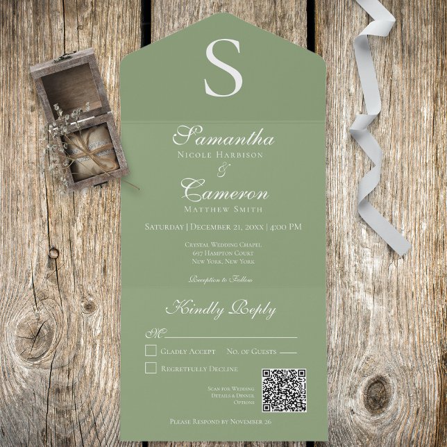 Invitation Tout En Un Monogramme moderne Sage Green QR Code (Créateur téléchargé)