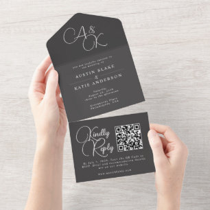 Invitation Tout En Un Monogramme noir cendré blanc Script Minimaliste QR