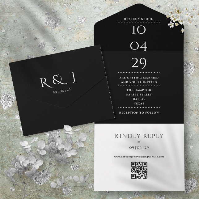 Invitation Tout En Un Monogramme noir et blanc Code QR Date Mariage (Black An White Monogram QR Code Wedding Date All In One Invitation)