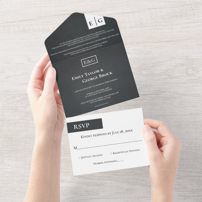 Invitation Tout En Un Monogramme noir et blanc rustique Mariage moderne (Déchirure)