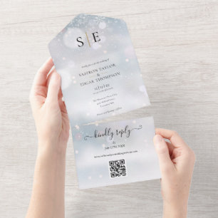 Invitation Tout En Un Monogramme noir et or Code QR Mariage hivernal