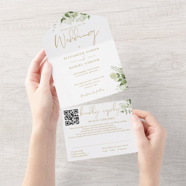 Invitation Tout En Un Monogramme or vert QR Code Mariage (Déchirure)