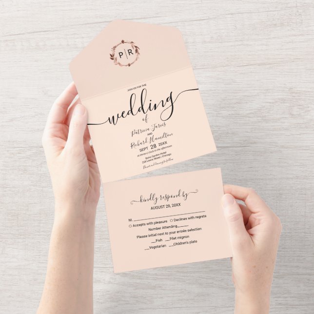 Invitation Tout En Un Monogramme Peach Rose Mariage Tout en un (Déchirure)