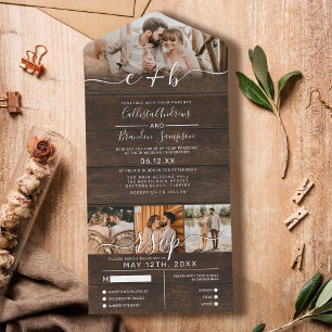 Invitation Tout En Un Monogramme photo en bois rustique Mariage RSVP