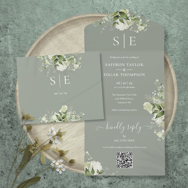 Invitation Tout En Un Monogramme QR Code Vert Sage Vert Mariage (Monogram QR Code Greenery Sage Green Wedding All In One Invitation)