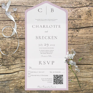 Invitation Tout En Un Monogramme rose et blanc poussiéreux Code QR minim
