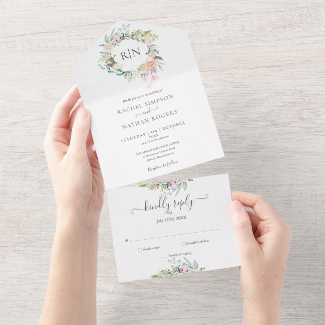 Invitation Tout En Un Monogramme Rose verdure Mariage floral (Déchirure)