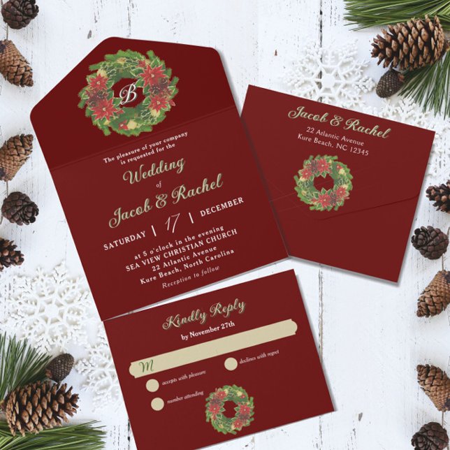 Invitation Tout En Un Monogramme Serre de Noël Poinsettias Mariage rouge (Créateur téléchargé)
