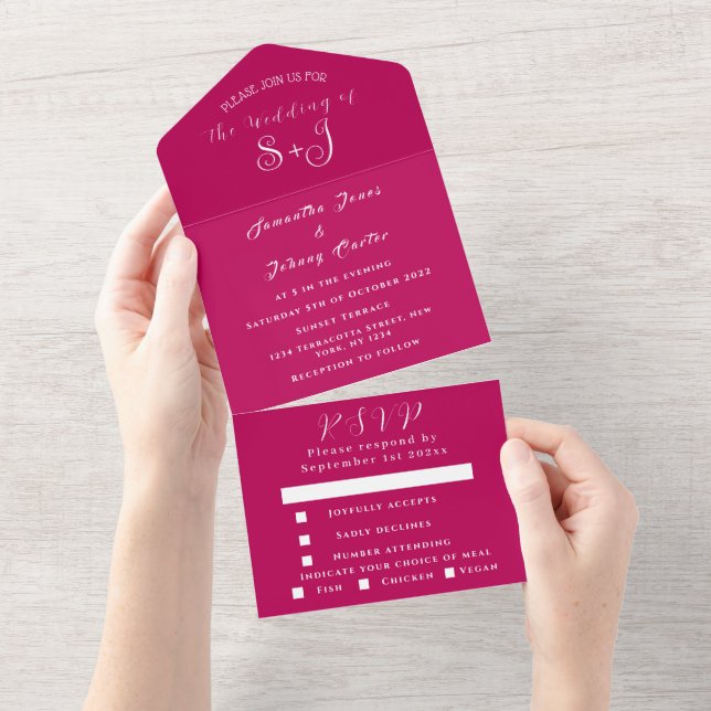 Invitation Tout En Un Monogramme simple Fuchsia Mariage rose chaud (Déchirure)