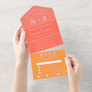 Invitation Tout En Un Monogramme simple rose orange gras Mariage