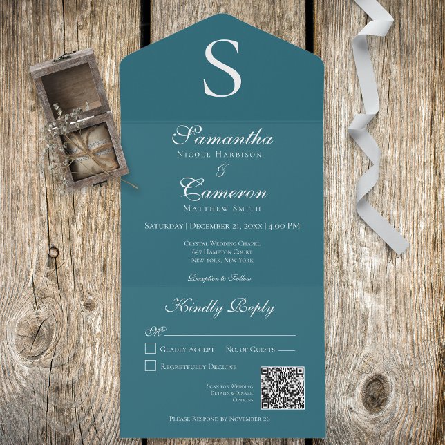 Invitation Tout En Un Monogramme Turquoise bleu QR Code (Créateur téléchargé)