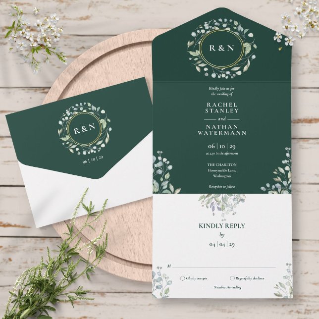 Invitation Tout En Un Monogramme vert Mariage vert émeraude fleuri (Monogram Greenery Floral Emerald Green Wedding All In One Invitation)