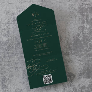 Invitation Tout En Un Monogramme vert romantique QR Code Mariage