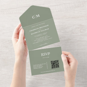 Invitation Tout En Un Monogramme vert Sage moderne QR Code RSVP Mariage
