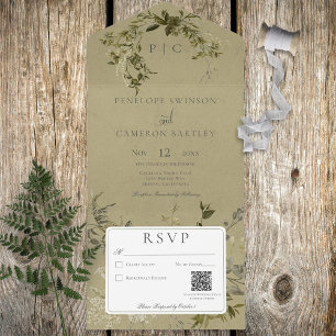 Invitation Tout En Un Monogramme vert vintage QR Code