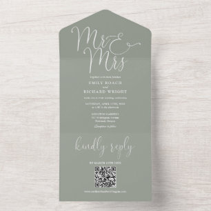 Invitation Tout En Un Monsieur et Madame Moderne Code QR Mariage Vert Sa