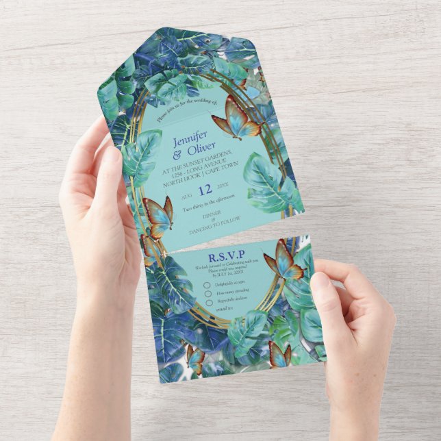 Invitation Tout En Un Monstera bleu turquoise Feuilles et papillons (Déchirure)