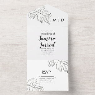 Invitation Tout En Un Monstera Feuille double ligne Art noir blanc Maria