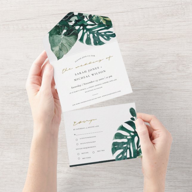 INVITATION TOUT EN UN MONSTERA TROPICALE MODERNE FOLIAGE VERT EAU COULEU (Déchirure)