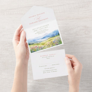 Invitation Tout En Un Montagnes et Fleur sauvage Mariage paysager