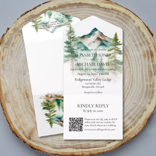 Invitation Tout En Un Montagnes et pins extérieurs Mariage de code QR