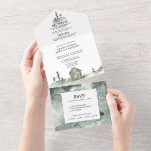 Invitation Tout En Un Montagnes, Pins, Cabane Mariage Rustique  