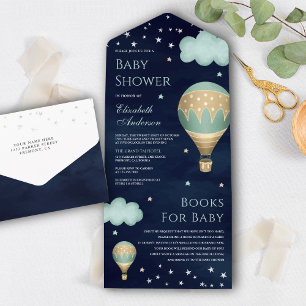 Invitation Tout En Un Montgolfière verte vintage Baby Shower marine